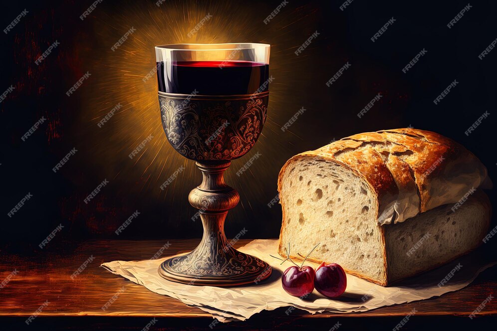 Kelch mit rotwein und Brot, im vordergrund zwei Trauben